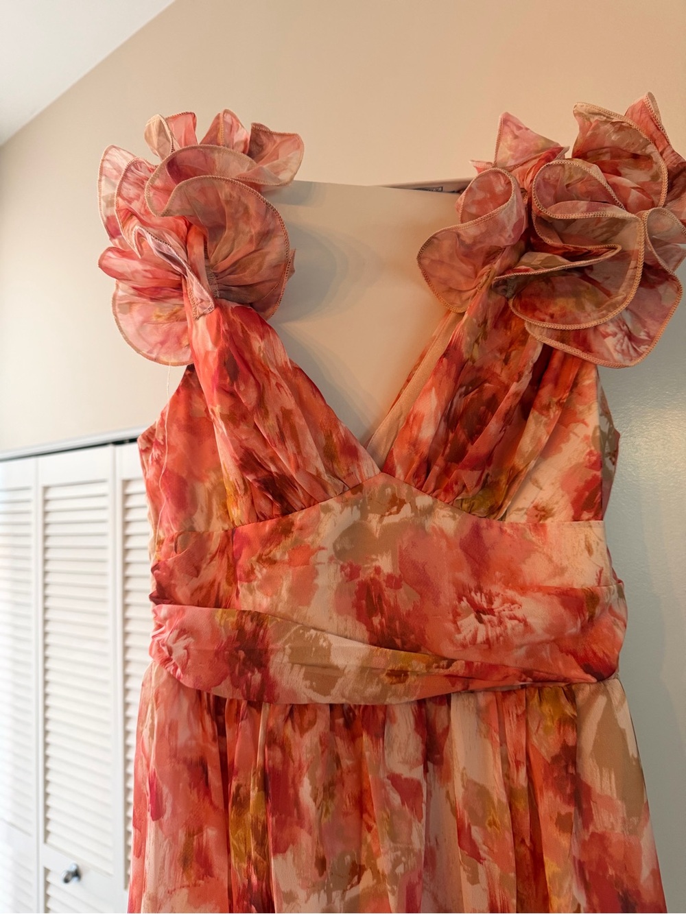 Floral Ruffled Strap Maxi Dress - Coral Pink - Picture 2 of 4